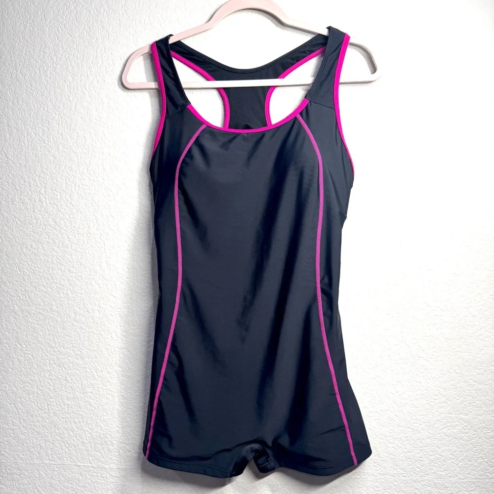 Women’s Athletic One Piece Swimsuit Boyleg Size‎ L Black and Pink Racerback